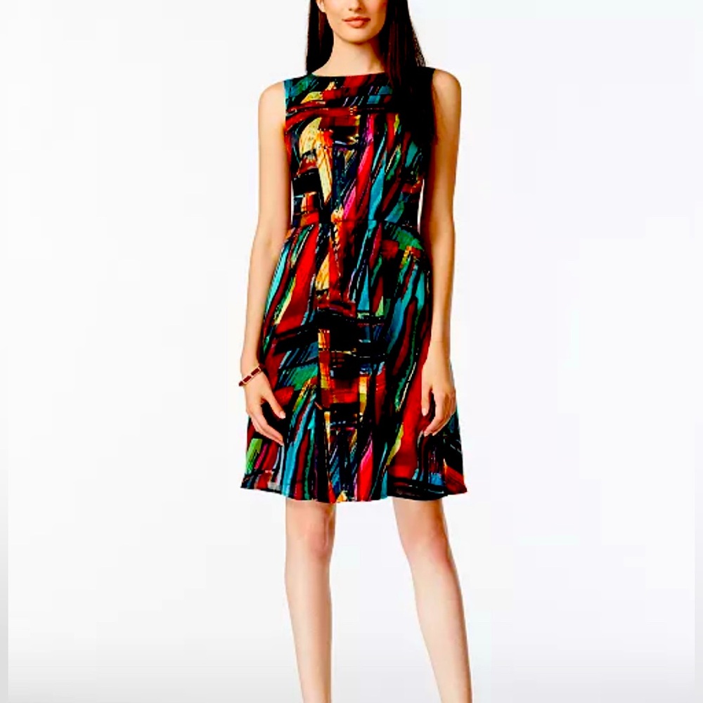 Ellen Tracy Multicolored Jewel Tone Silky Fit And Flare Dress Size 12